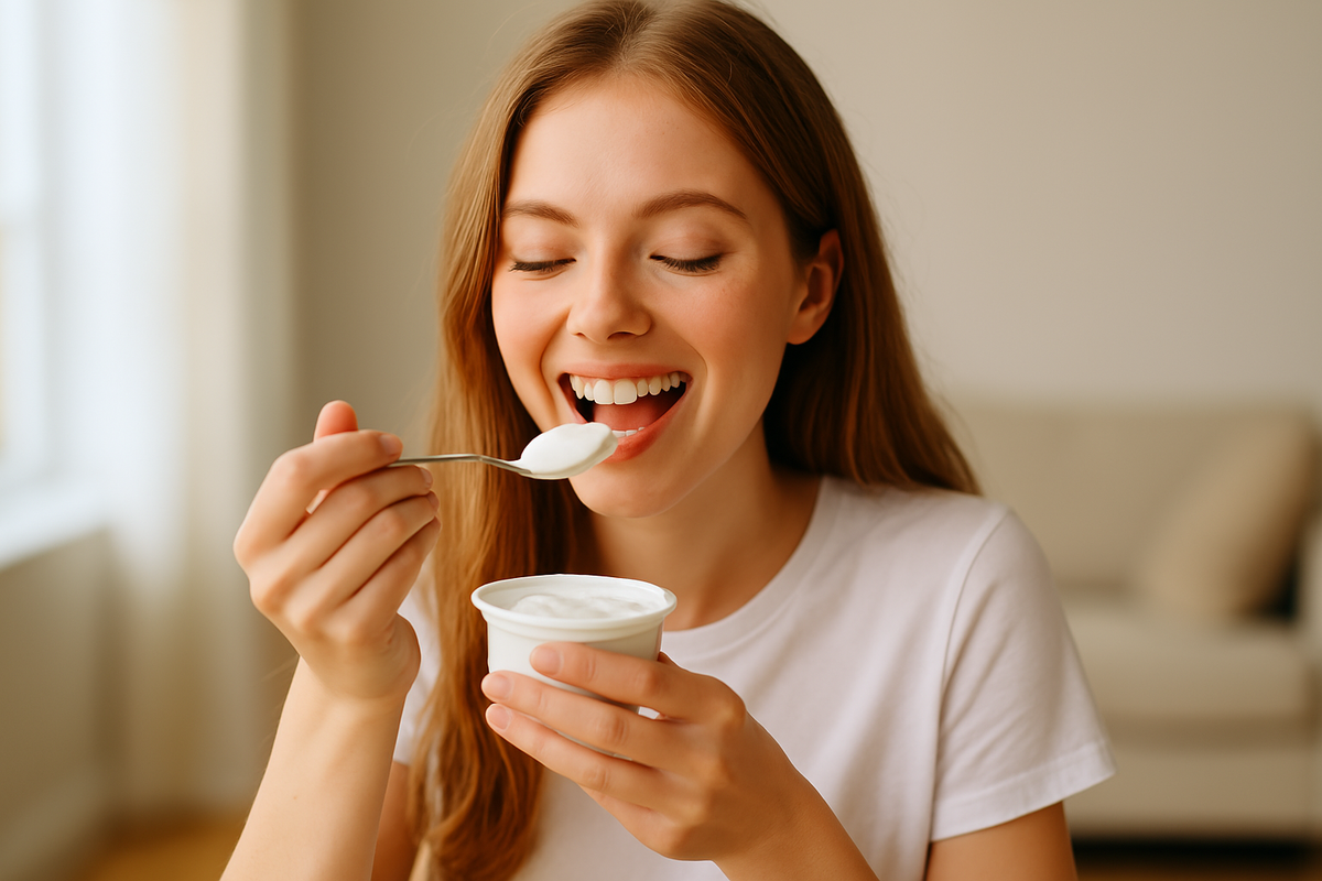 Woman eating yogurt as part of a balanced diet