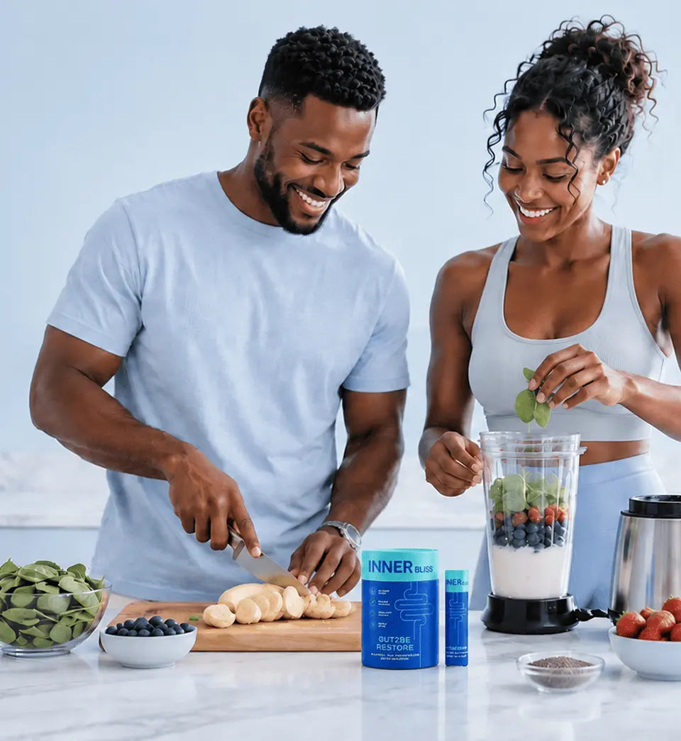 Couple preparing a smoothie with GUT2BE supplements
